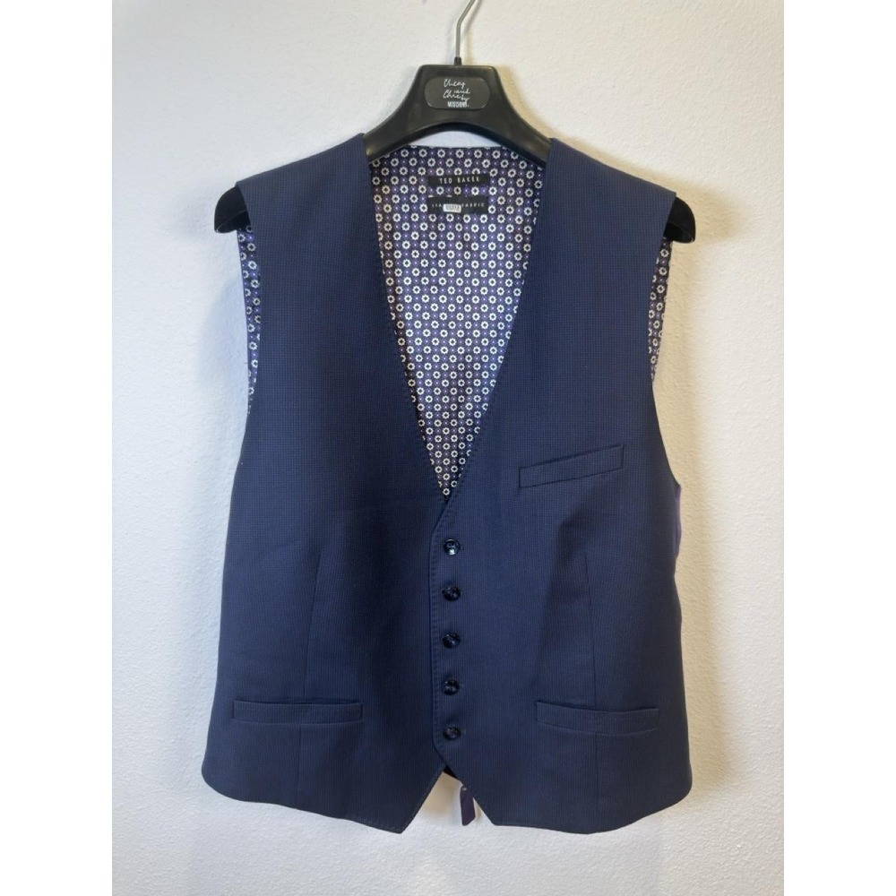 Ted Baker Suit Vest Mens 44R Blue Check Modern Fit Belted Back Italian WOOL